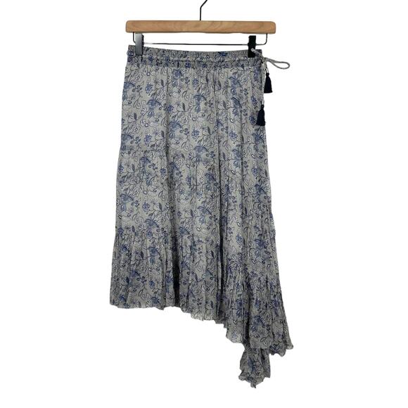 Elie Tahari | Gray & Blue Floral Asymmetrical Tiered Elastic Waist Silk Skirt - Picture 1 of 9